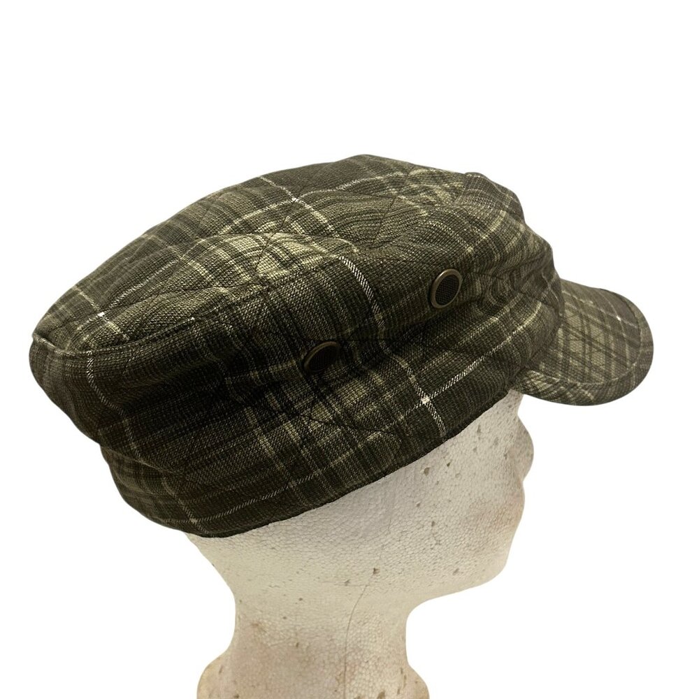 Roots Green Plaid Cotton Cap Size M Flat Top Quilted Lined Classic Hat Khaki - Picture 5 of 10
